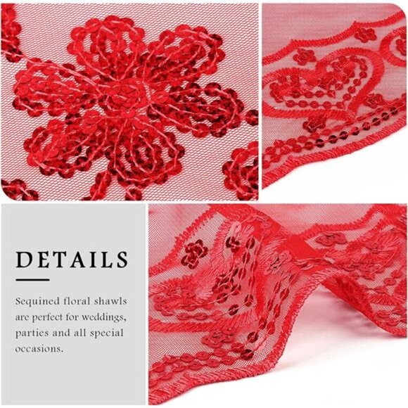 Sequin Floral Shawls Wraps Red - Picture 4 of 6